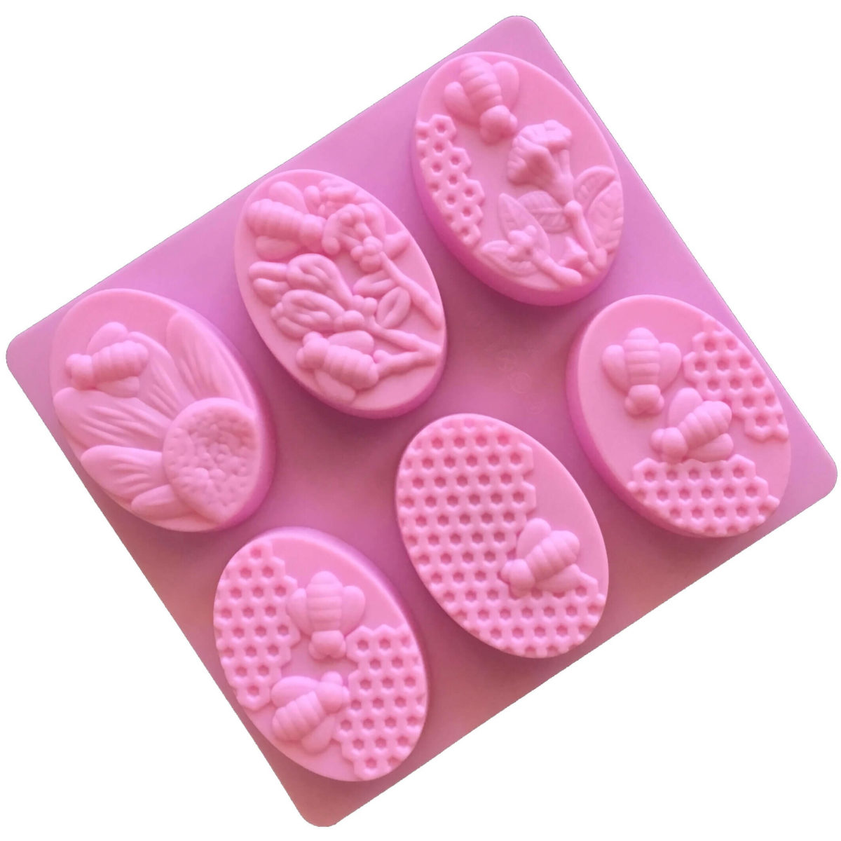 pink silicone mould with six cavites each with a different honey bee theme