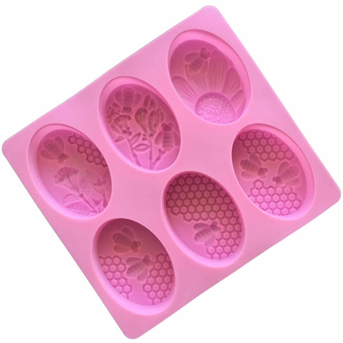 back side of pink silicone mould with six cavites each with a different honey bee theme