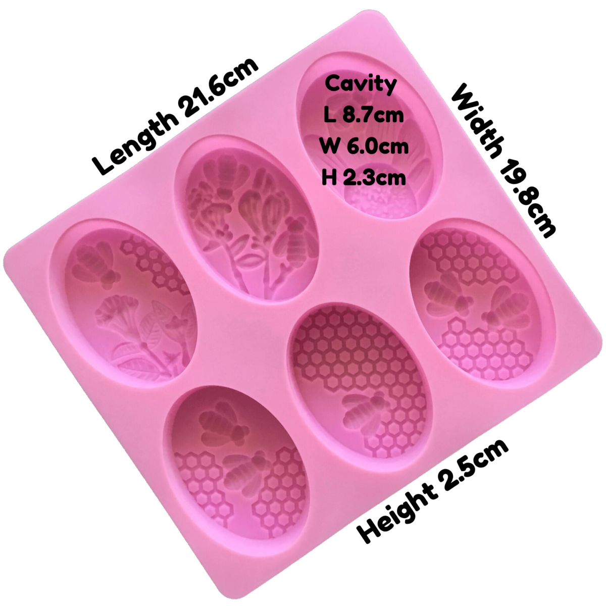 measurements of pink silicone mould with six cavites each with a different honey bee theme