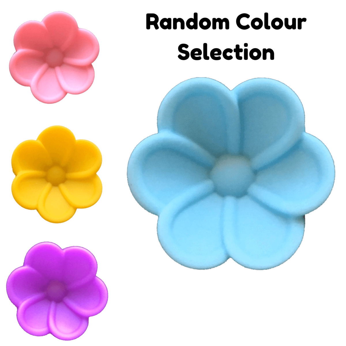 5cm begonia flower silicone moulds shown in pink, yellow, purple and blue with the text 'random colour selection'
