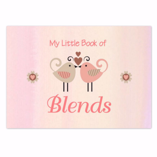 Pink A5 landscape size book with two kissing lovebirds surrounded by the text 'my little book of blends'