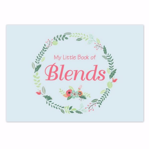 blue A5 landscape size book with floral wreath surrounding the text 'my little book of blends'