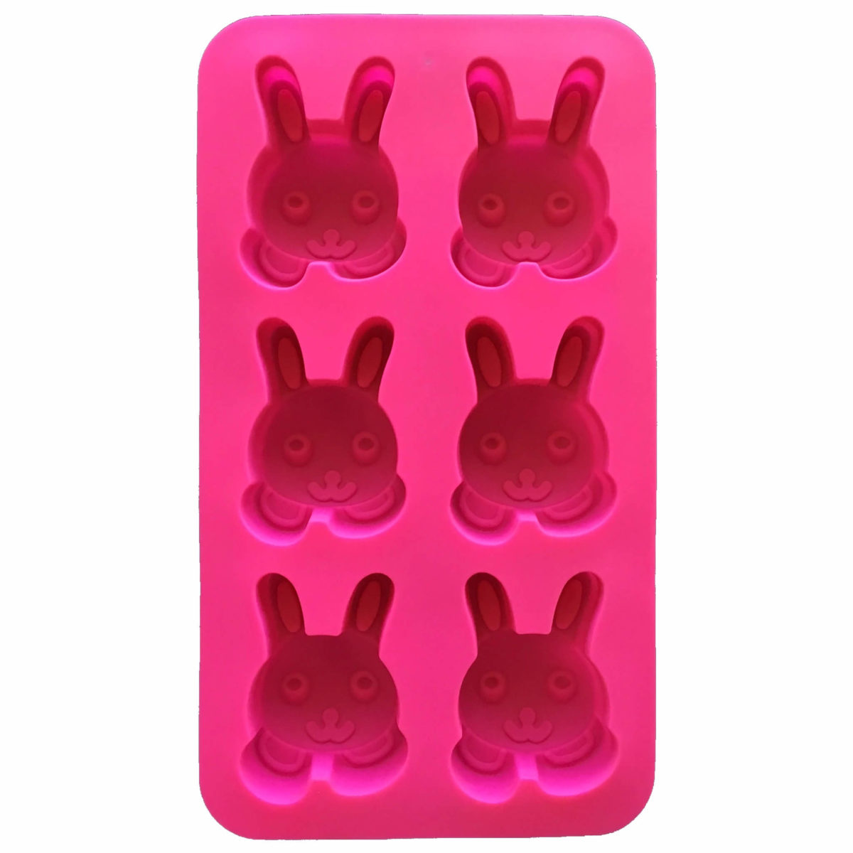 magenta coloured silicone mould with six identical bunny rabbit face cavities showing fine detail of mould cavites