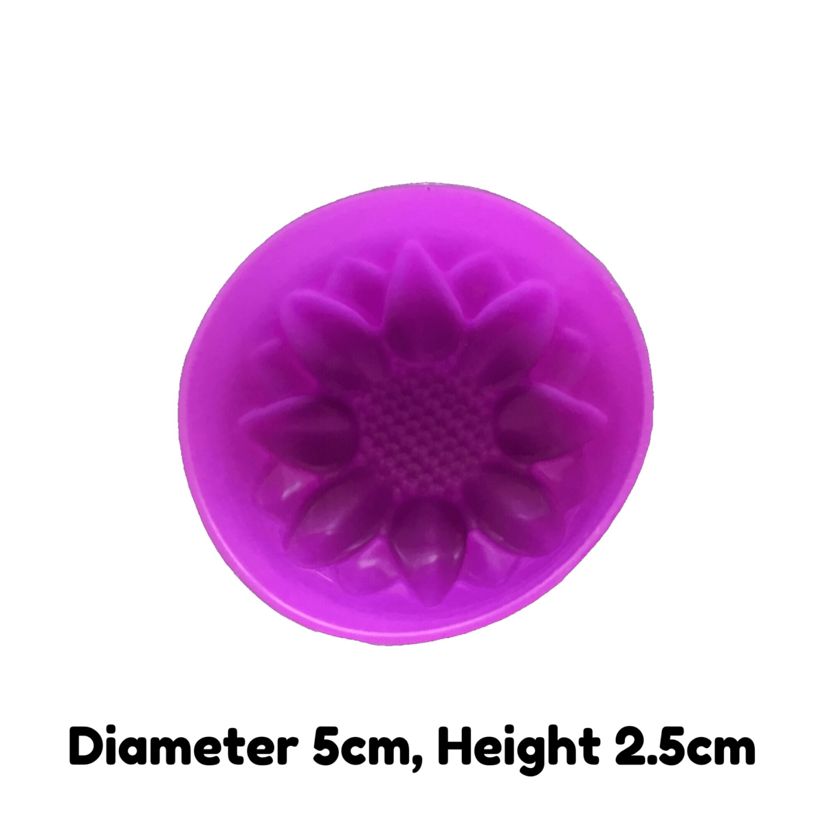 written dimensions of 5cm purple calendula flower silicone mould
