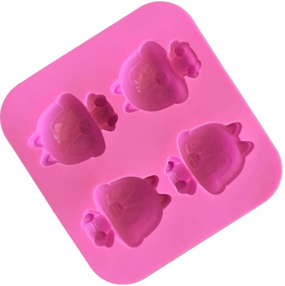 back of pink silicone mould with four identical cavities displaying a cartoon chipmunk