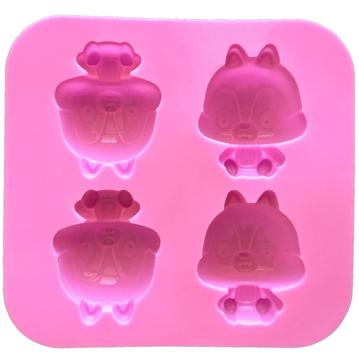 pink silicone mould with four identical cavities displaying a cartoon chipmunk showing cavity details