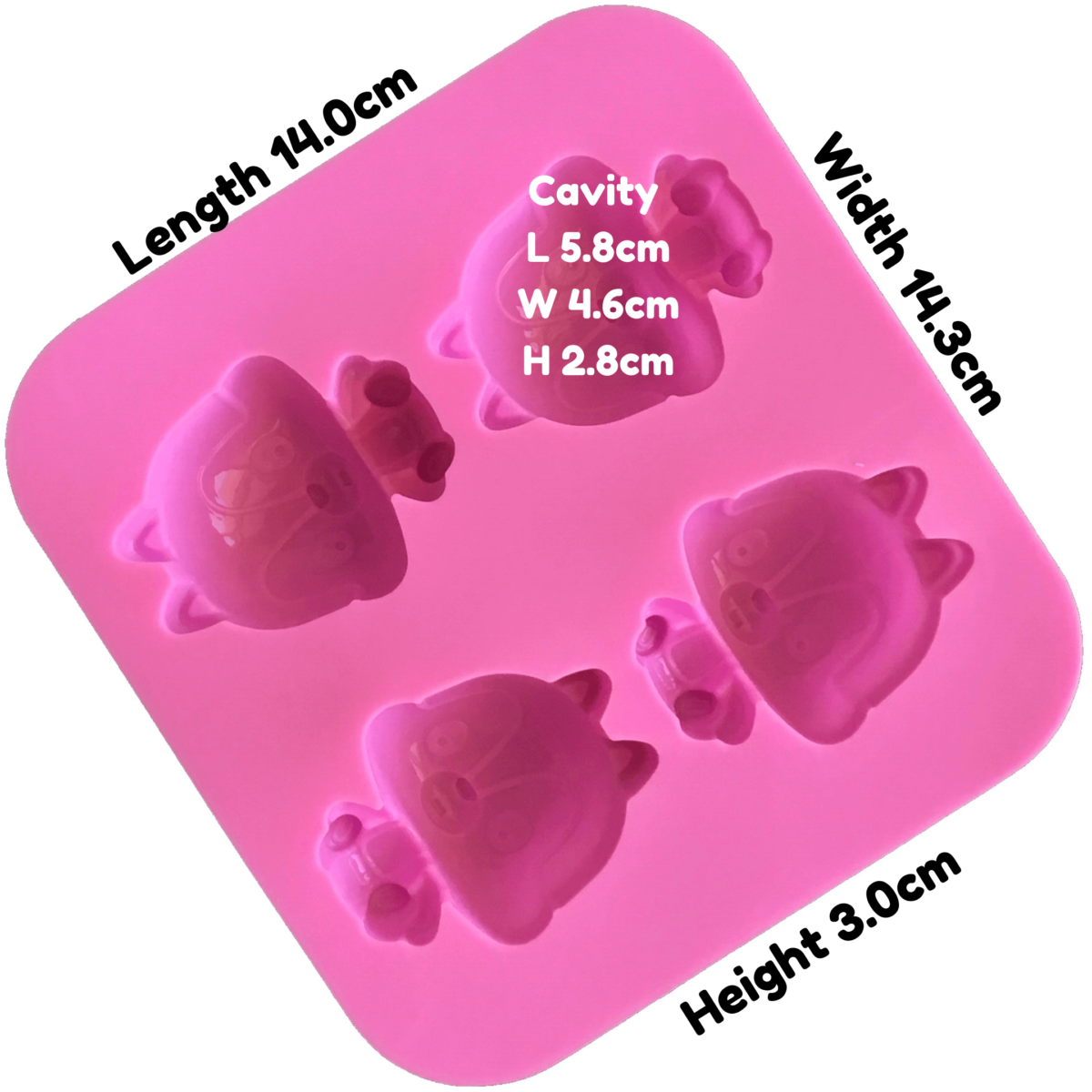 written dimensions of pink silicone mould with four identical cavities displaying a cartoon chipmunk