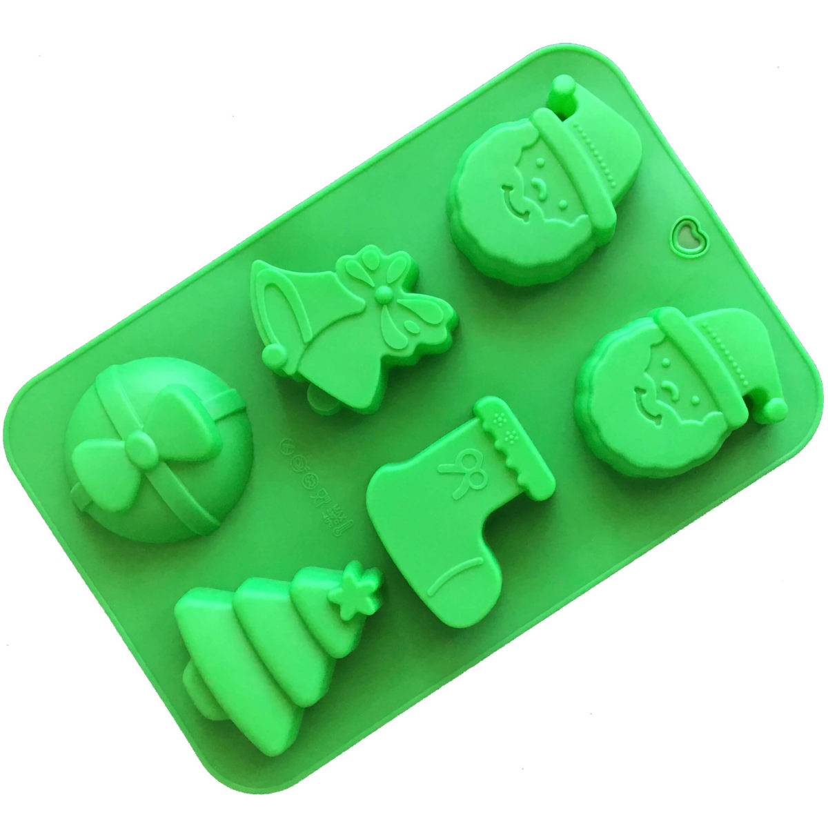 green christmas themed silcone mould with santa, stocking, bells, bauble and christmas tree cavities