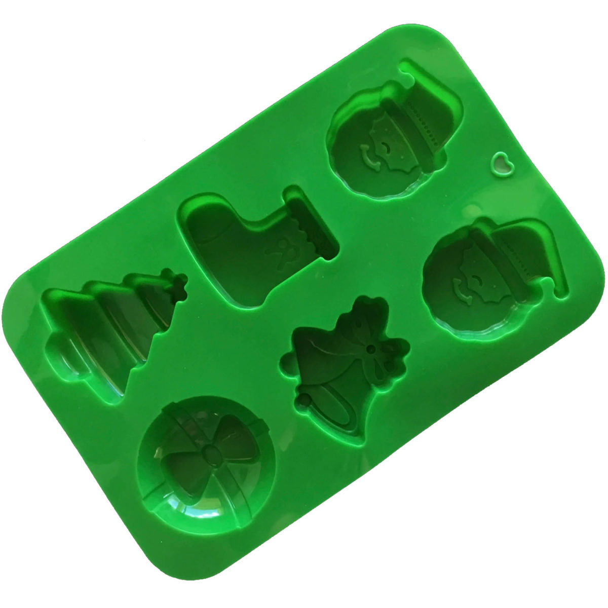 back of green christmas themed silcone mould with santa, stocking, bells, bauble and christmas tree cavities