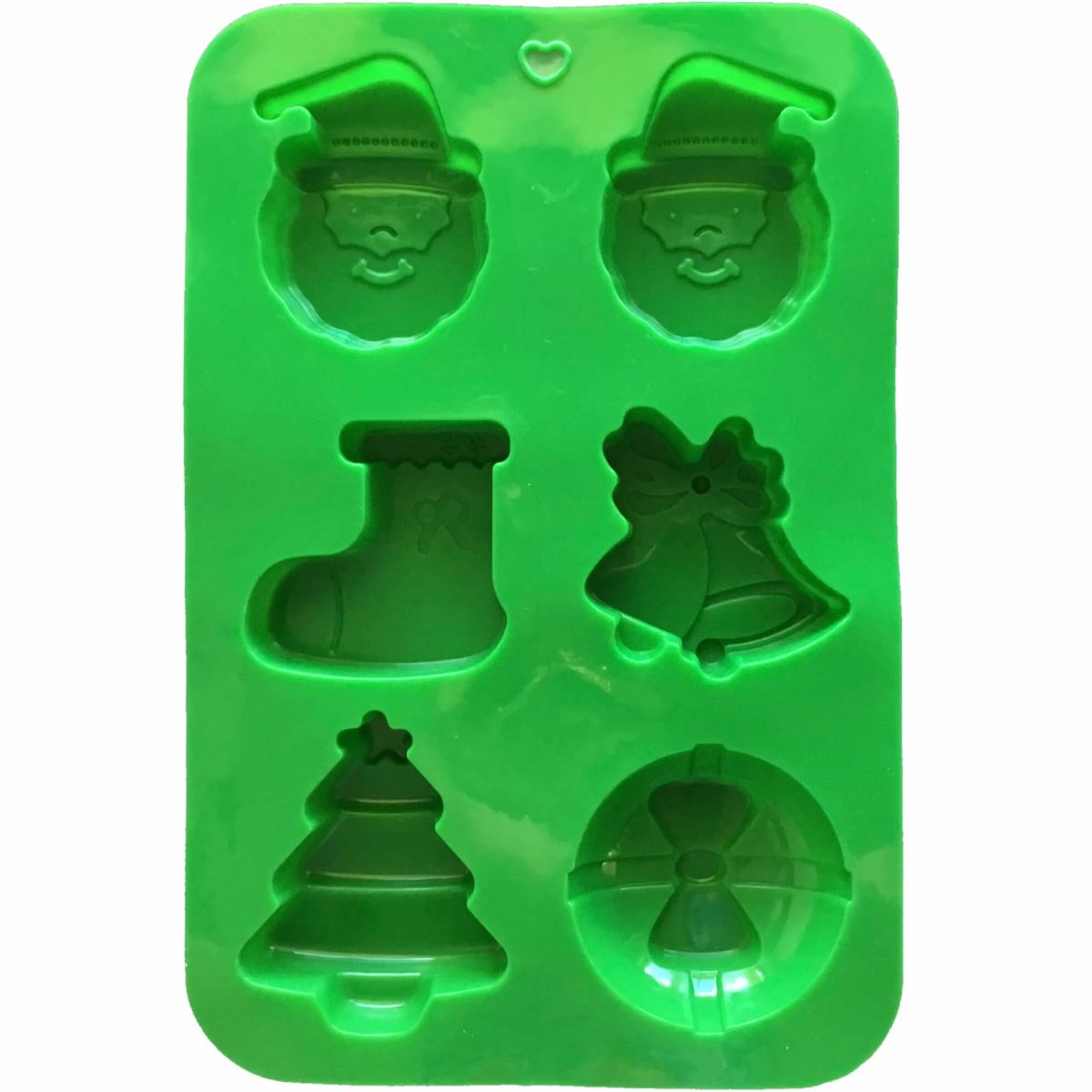 back of green christmas themed silcone mould with santa, stocking, bells, bauble and christmas tree cavities showing cavity details