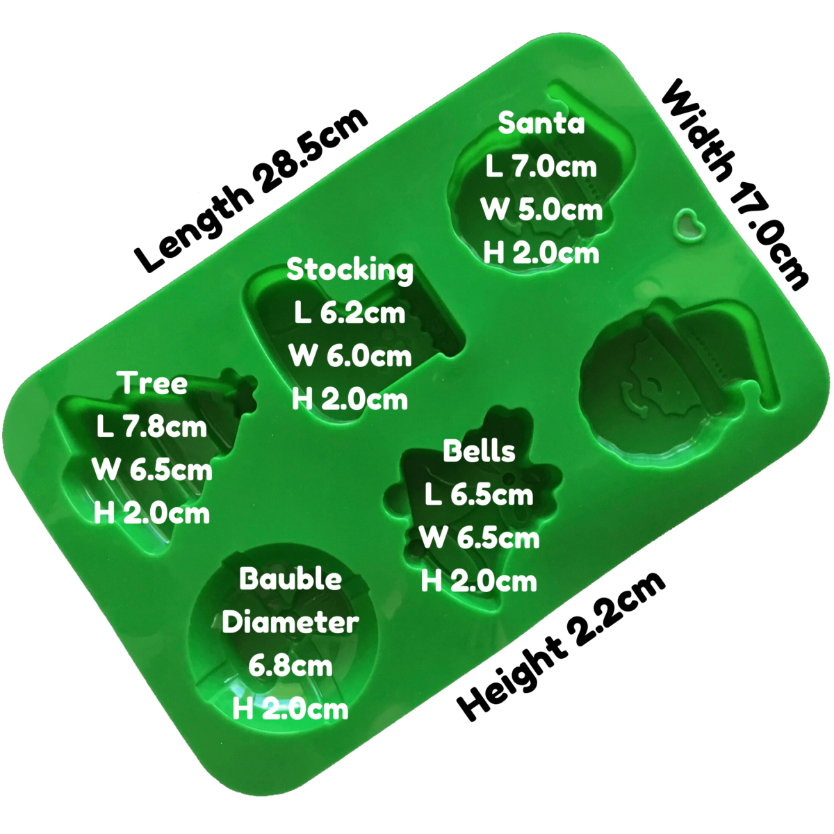 written dimensions of green christmas themed silcone mould with santa, stocking, bells, bauble and christmas tree cavities