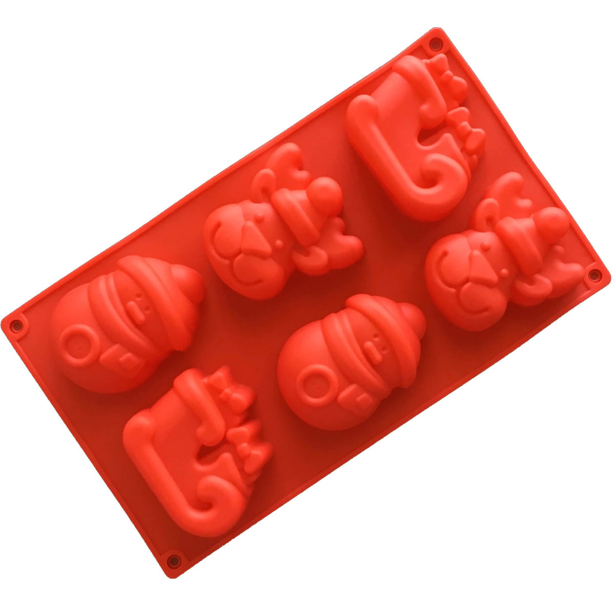 red christmas themed silicone mould with six cavities - two each of santa sleigh, reindeer face, snowman cavities
