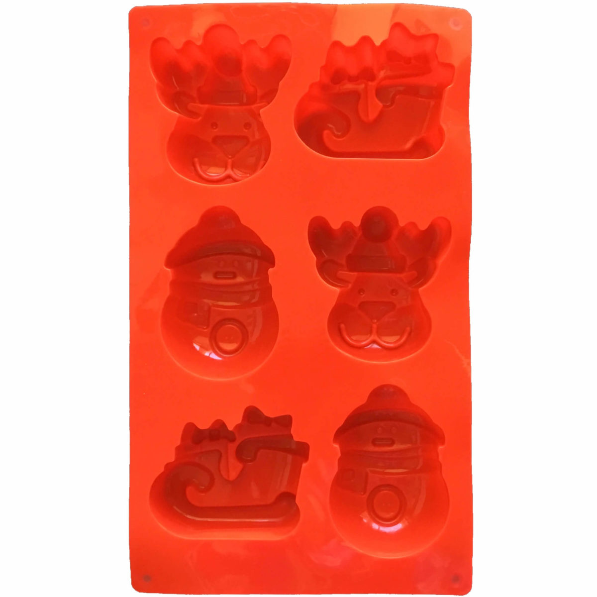 back of ed christmas themed silicone mould with six cavities - two each of santa sleigh, reindeer face, snowman cavities showing cavity details