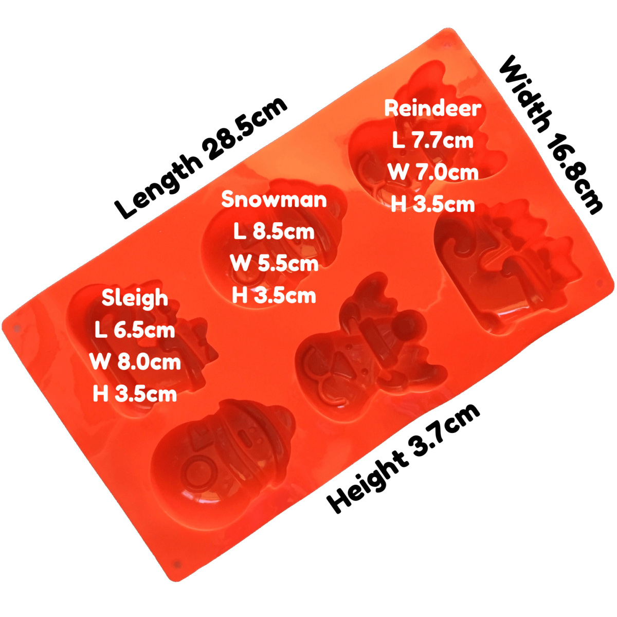 written dimensions of ed christmas themed silicone mould with six cavities - two each of santa sleigh, reindeer face, snowman cavities