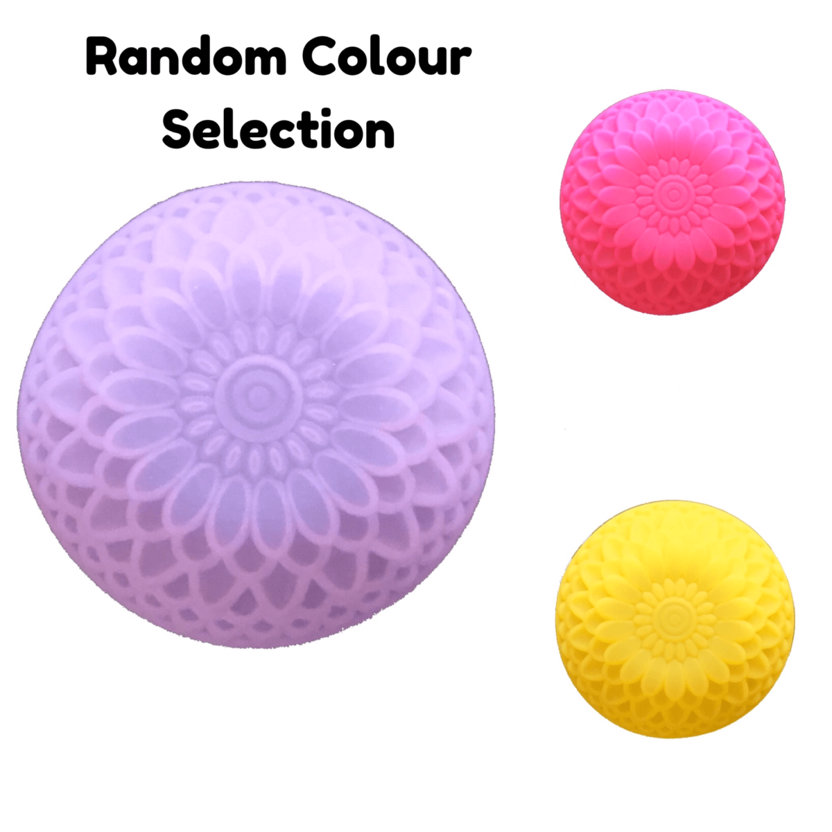 5cm dahlia flower single cavity silicone mould in purple, magenta and yellow with the text 'random colour selelction'