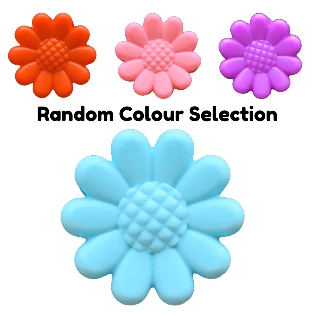 5cm daisy flower single cavity silicone moulds displayed in red, pink, purple and blue with the text 'random colour selection'