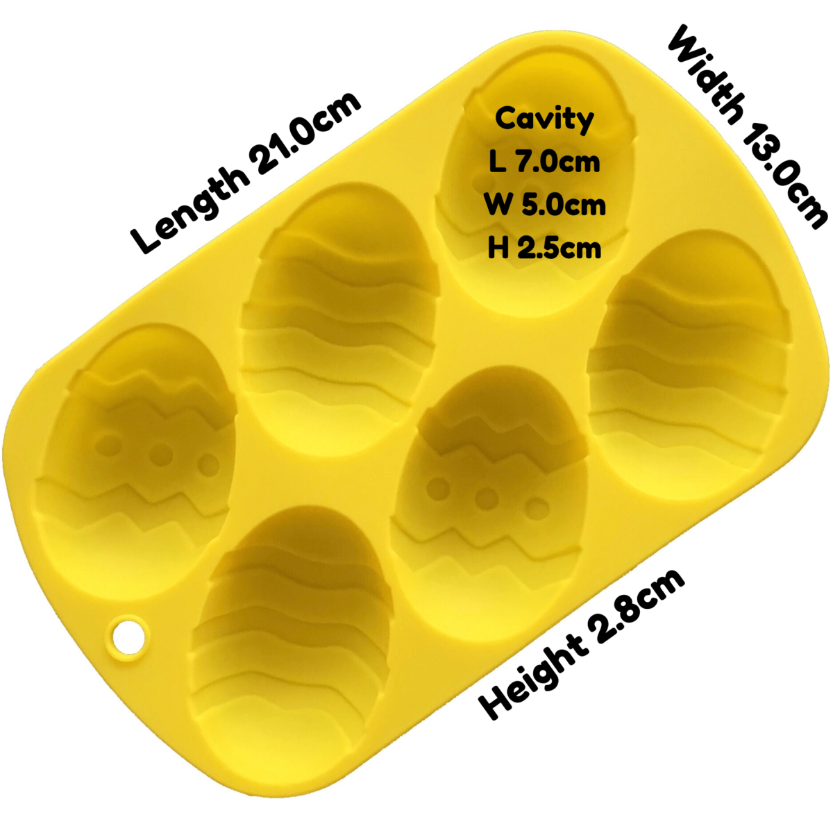 written dimensions of yellow easter egg silicone mould with six cavities and two different egg designs