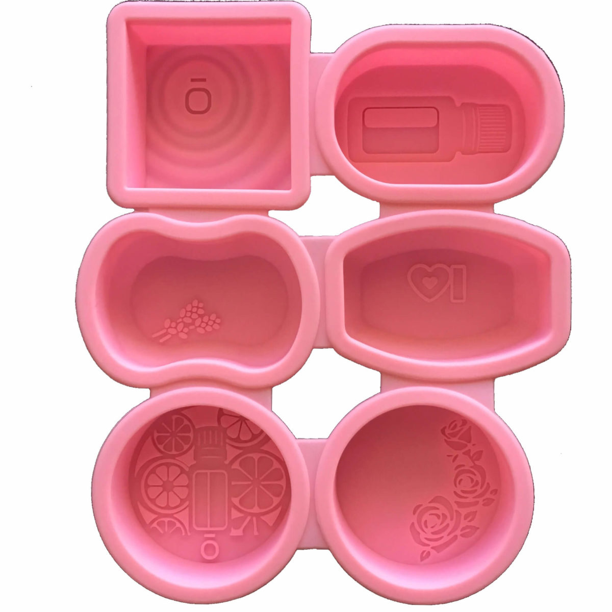 doterra essential oils six cavity pink silicone mould with six different cavity designs with an essential oil theme showing individual mould cavity details