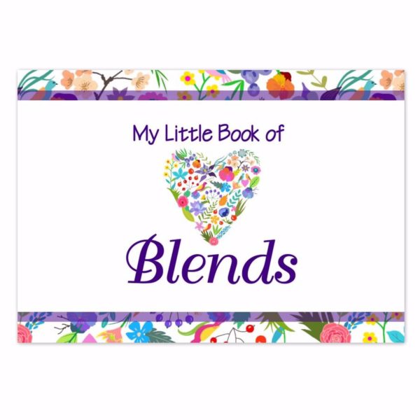 A5 landscape size book with floral top and bottom border and a central floral heart surrounded by the text 'my little book of blends'