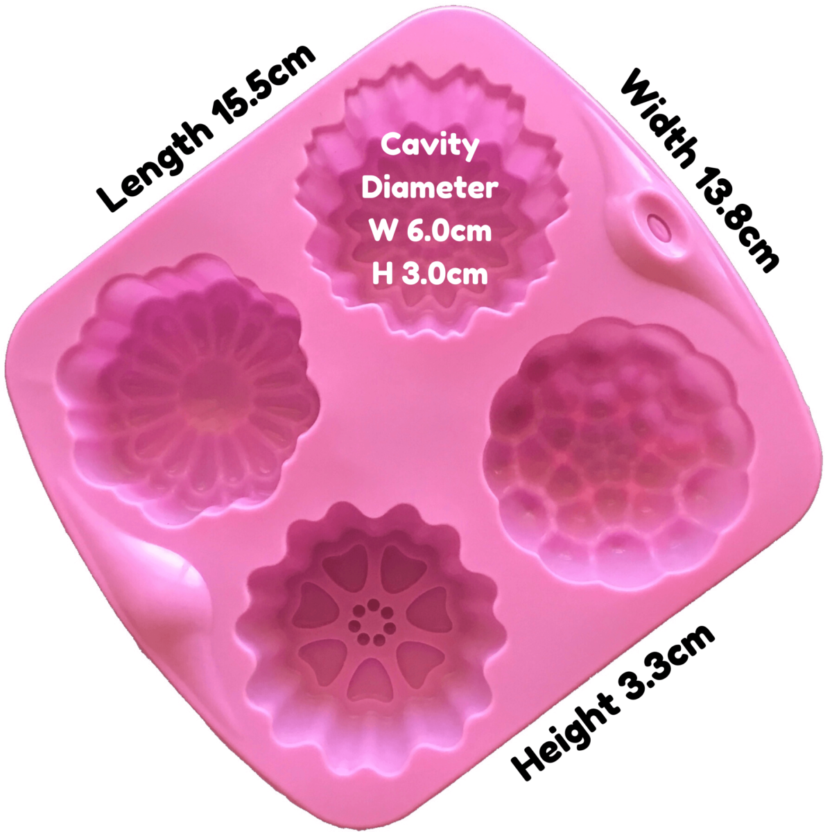 written dimensions of pink four cavity silicone mould with four individual floral designs
