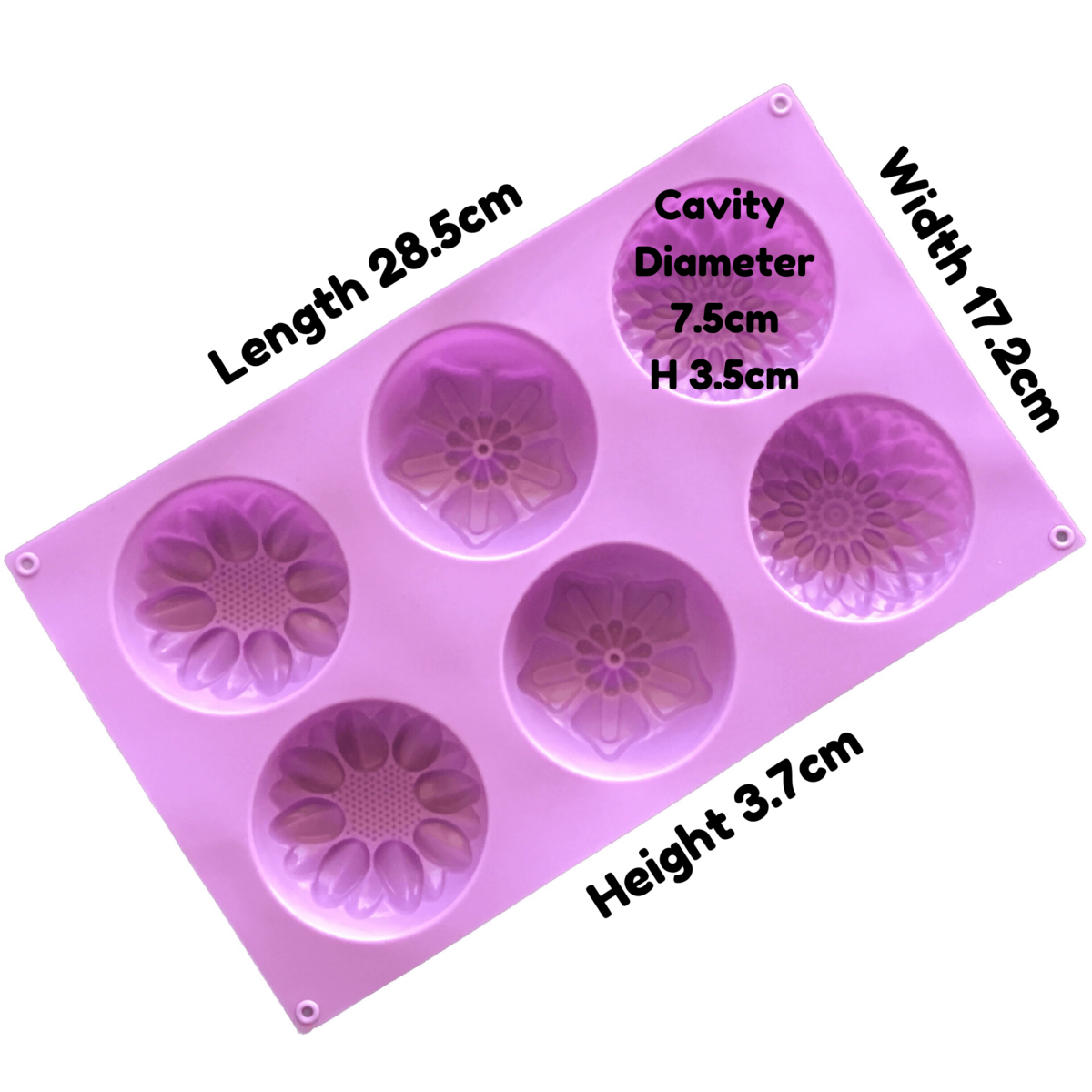 written dimensions of large purple silicone mould with six cavites - two each of dahlia, poinsettia and calendula flowers