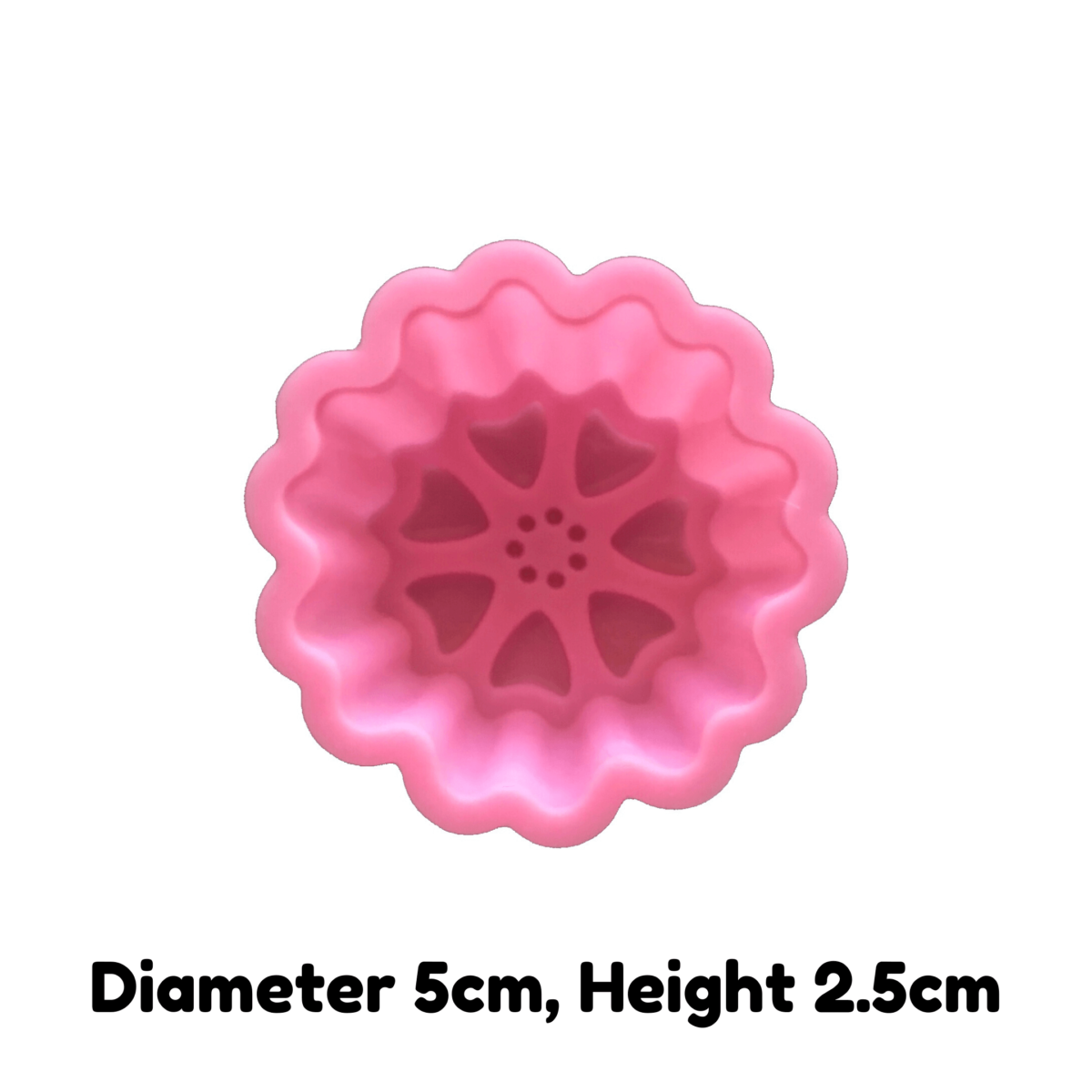written dimensions of 5cm pink heart blossom single cavity silicone mould