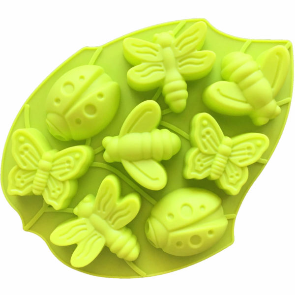 Green leaf-shaped silicone mould with eight cavities - two each of butterfly, bee, ladybug and dragonfly