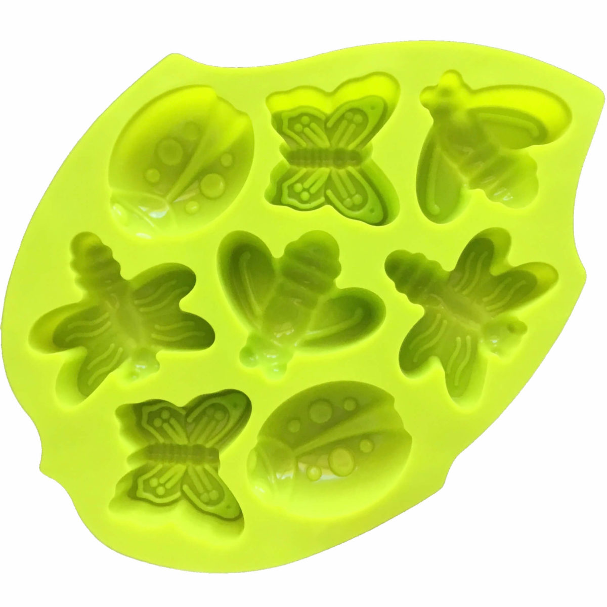 back of Green leaf-shaped silicone mould with eight cavities - two each of butterfly, bee, ladybug and dragonfly
