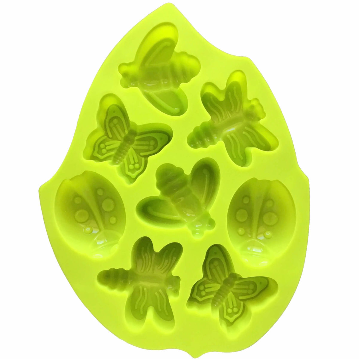 Green leaf-shaped silicone mould with eight cavities - two each of butterfly, bee, ladybug and dragonfly showing mould cavity details