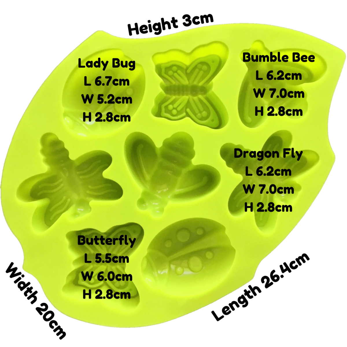 written dimensions of Green leaf-shaped silicone mould with eight cavities - two each of butterfly, bee, ladybug and dragonfly