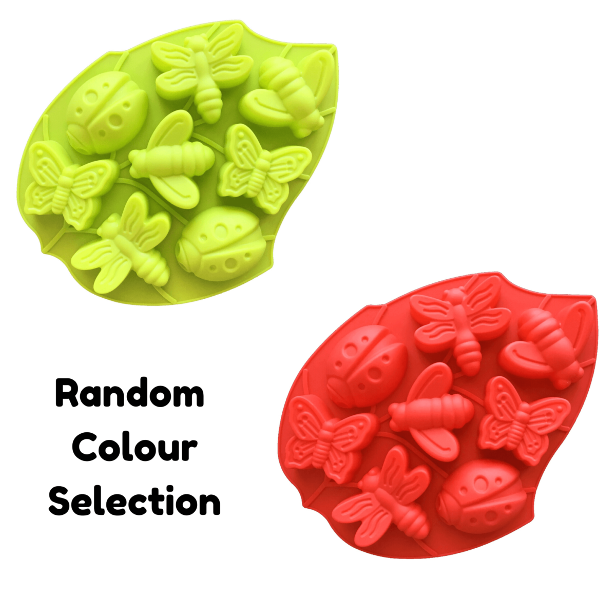 leaf-shaped silicone mould with eight cavities - two each of butterfly, bee, ladybug and dragonfly displayed in green and red with the text 'random colour selection'