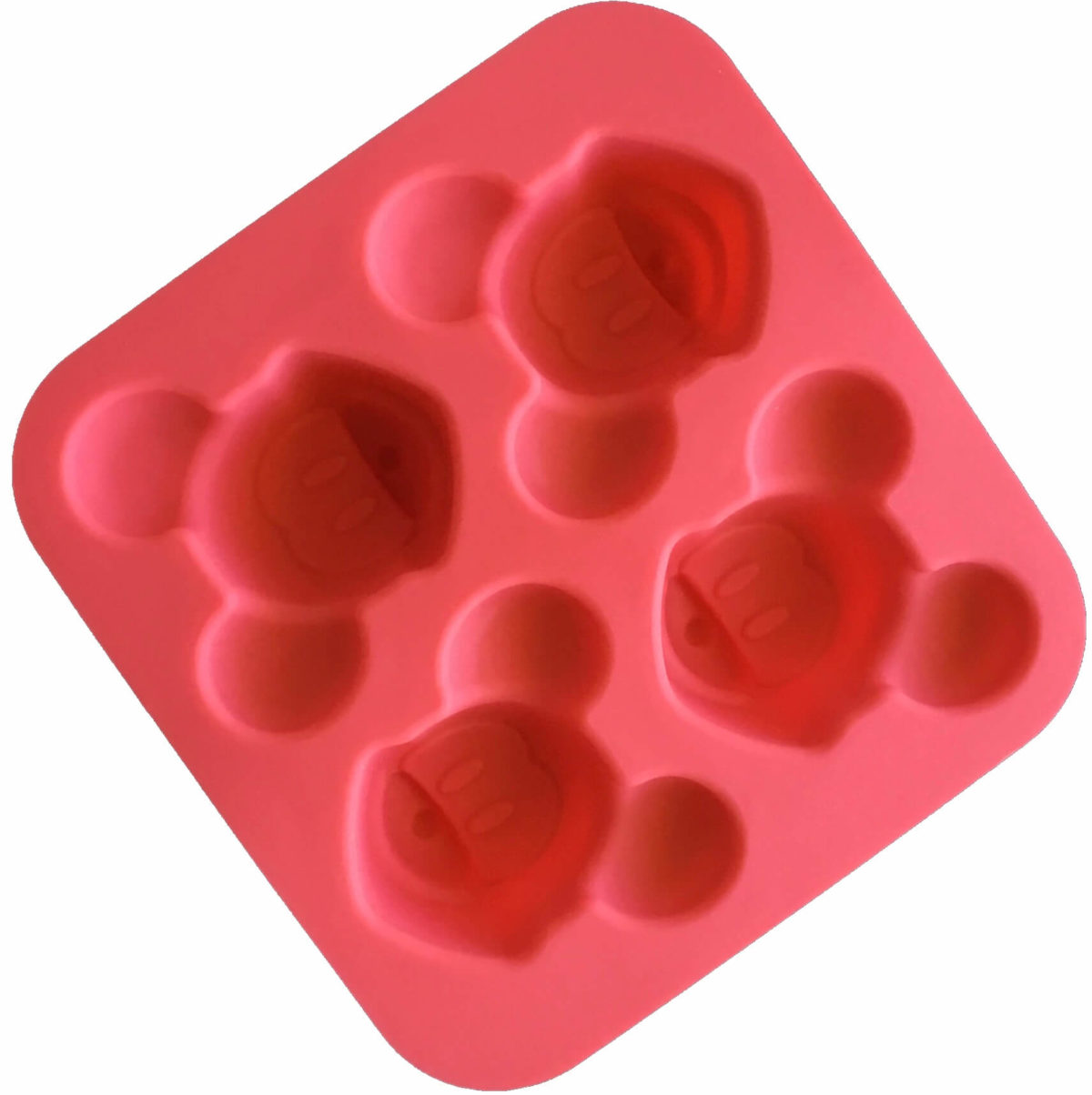 back of red four cavity silicone mould with identical mickey mouse cavites