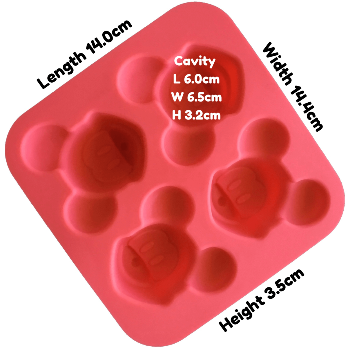 written dimensions of red four cavity silicone mould with identical mickey mouse cavites