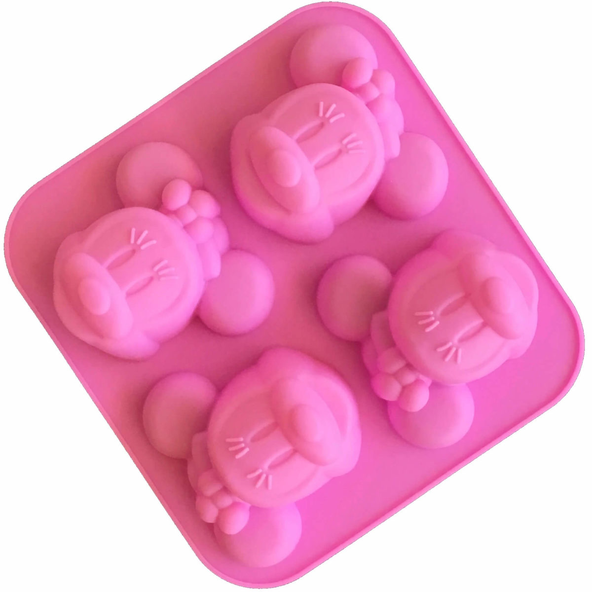 pink four cavity silicone mould with identical minnie mouse cavites
