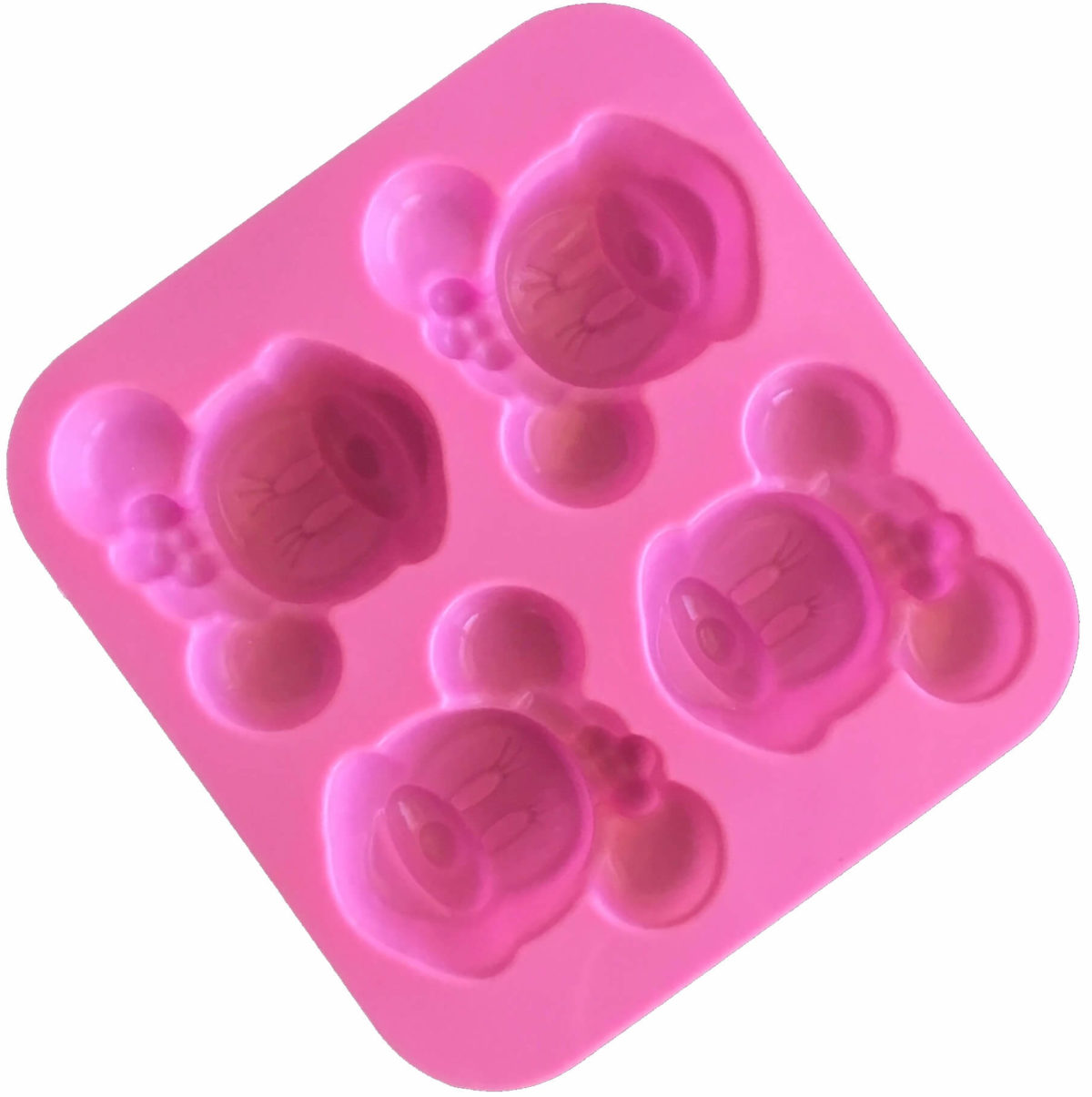 back of pink four cavity silicone mould with identical minnie mouse cavites