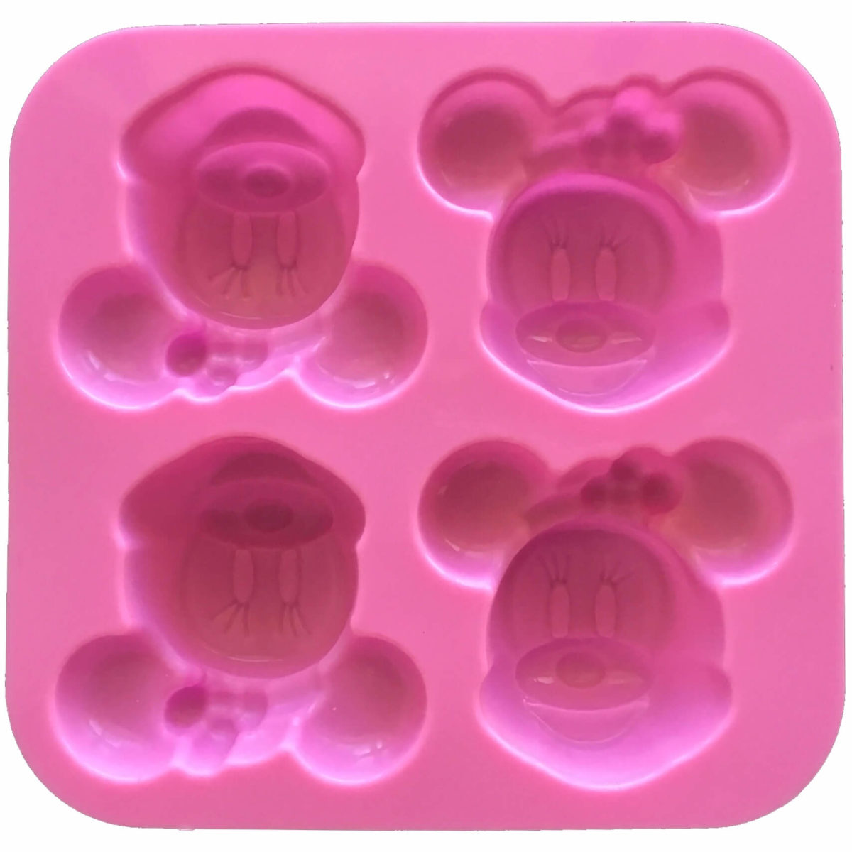 back of pink four cavity silicone mould with identical minnie mouse cavites showing mould cavity details