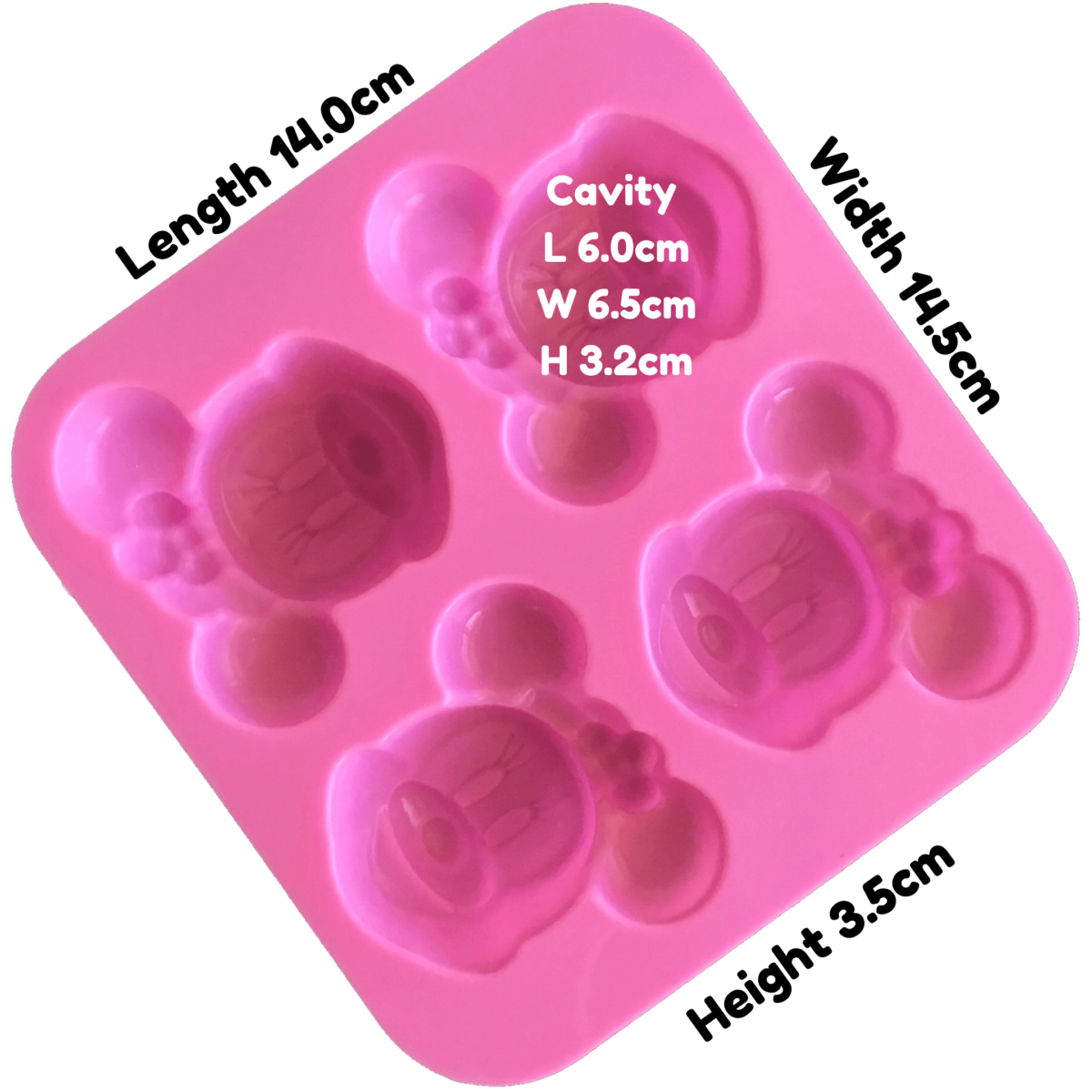 written dimensions of pink four cavity silicone mould with identical minnie mouse cavites
