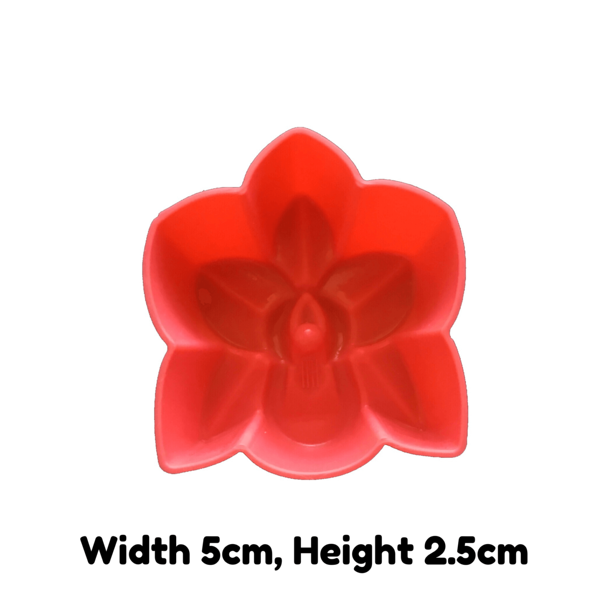 written dimensions of 5cm red orchid flower single cavity silicone mould