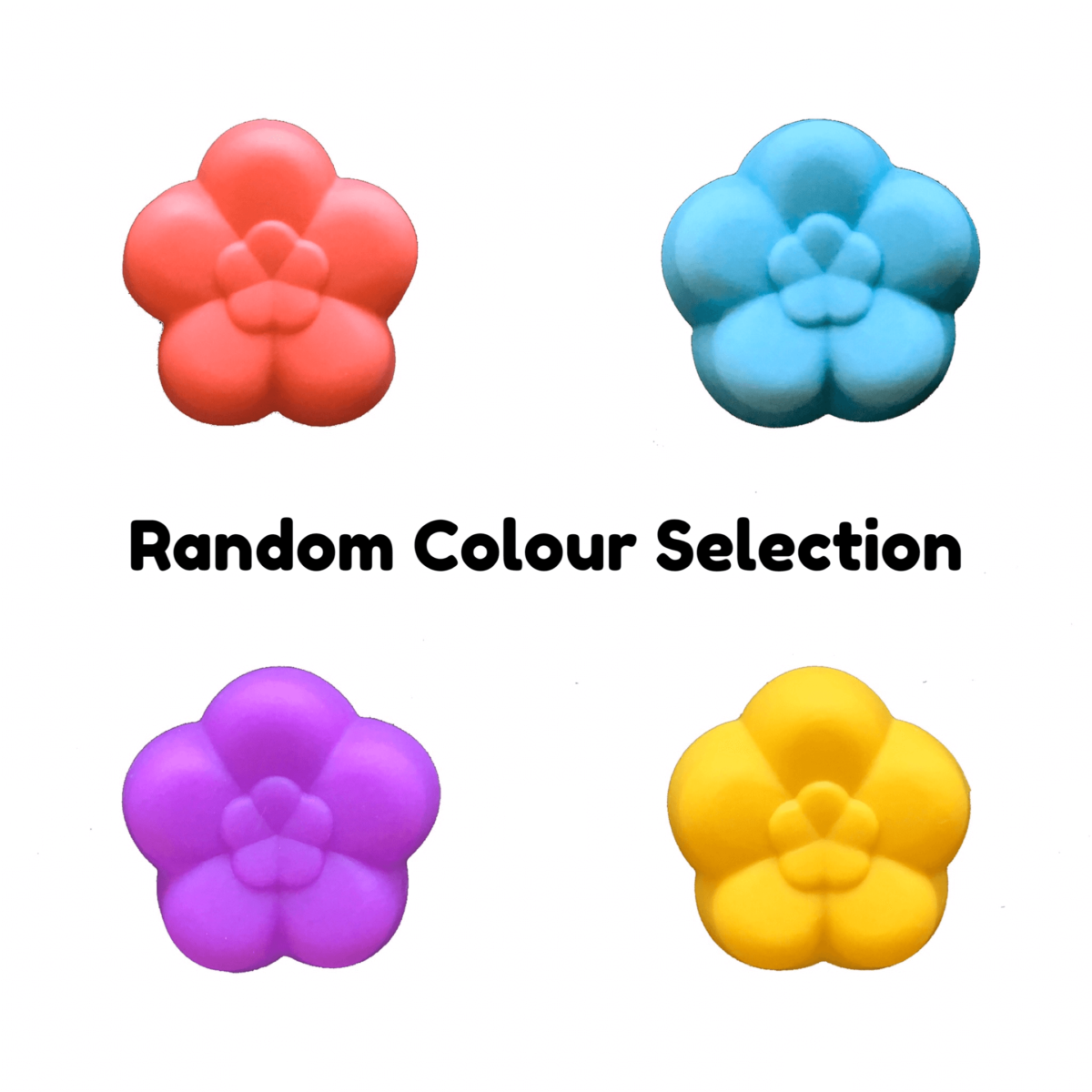 5cm plum blossom single cavity silicone mould displayed in red, blue, purple and yellow with the text 'random colour selection'