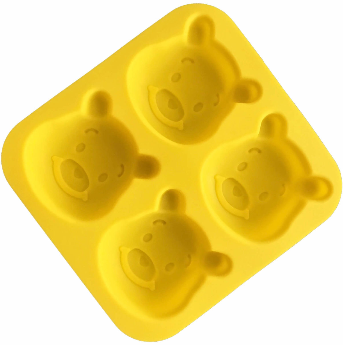 back of yellow four cavity silicone mould with identical pooh bear-shaped cavites
