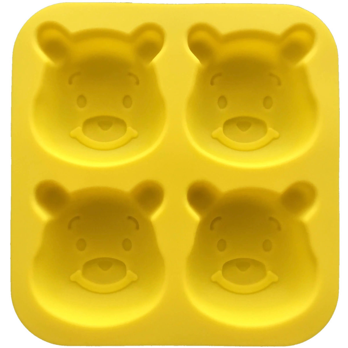 back of yellow four cavity silicone mould with identical pooh bear-shaped cavites showing mould cavity details