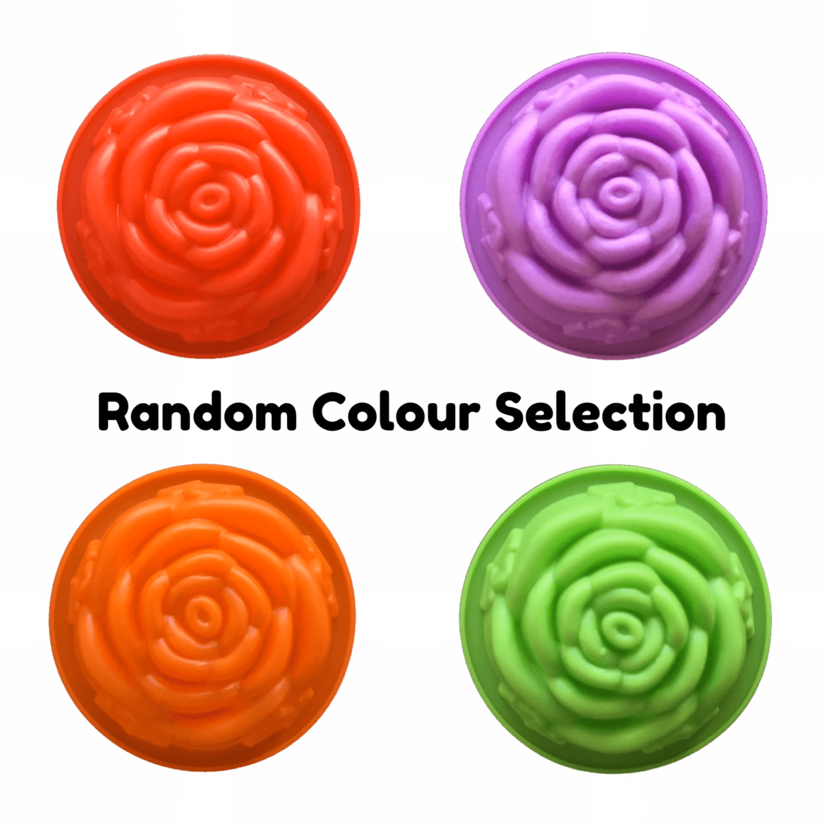 8cm rose single cavity silicone mould displayed in red, purple, orange and green with the text 'random colour selelction'