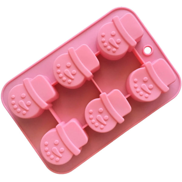 pink six cavity silicone mould with identical snowman head-shaped cavities