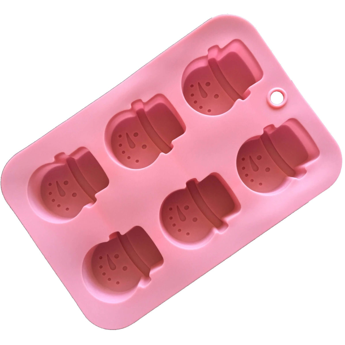 back of pink six cavity silicone mould with identical snowman head-shaped cavities