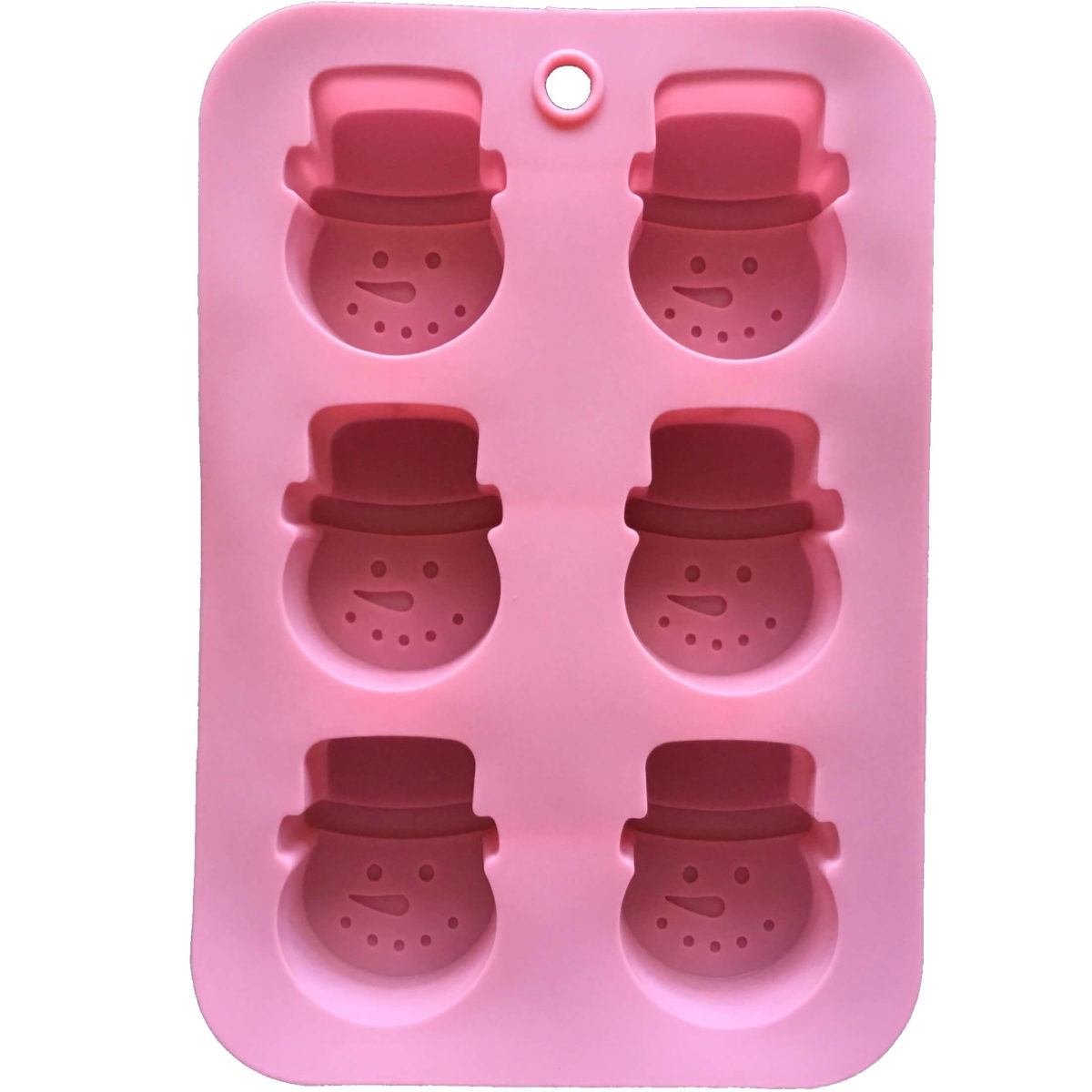 back of pink six cavity silicone mould with identical snowman head-shaped cavities showing mould cavity details