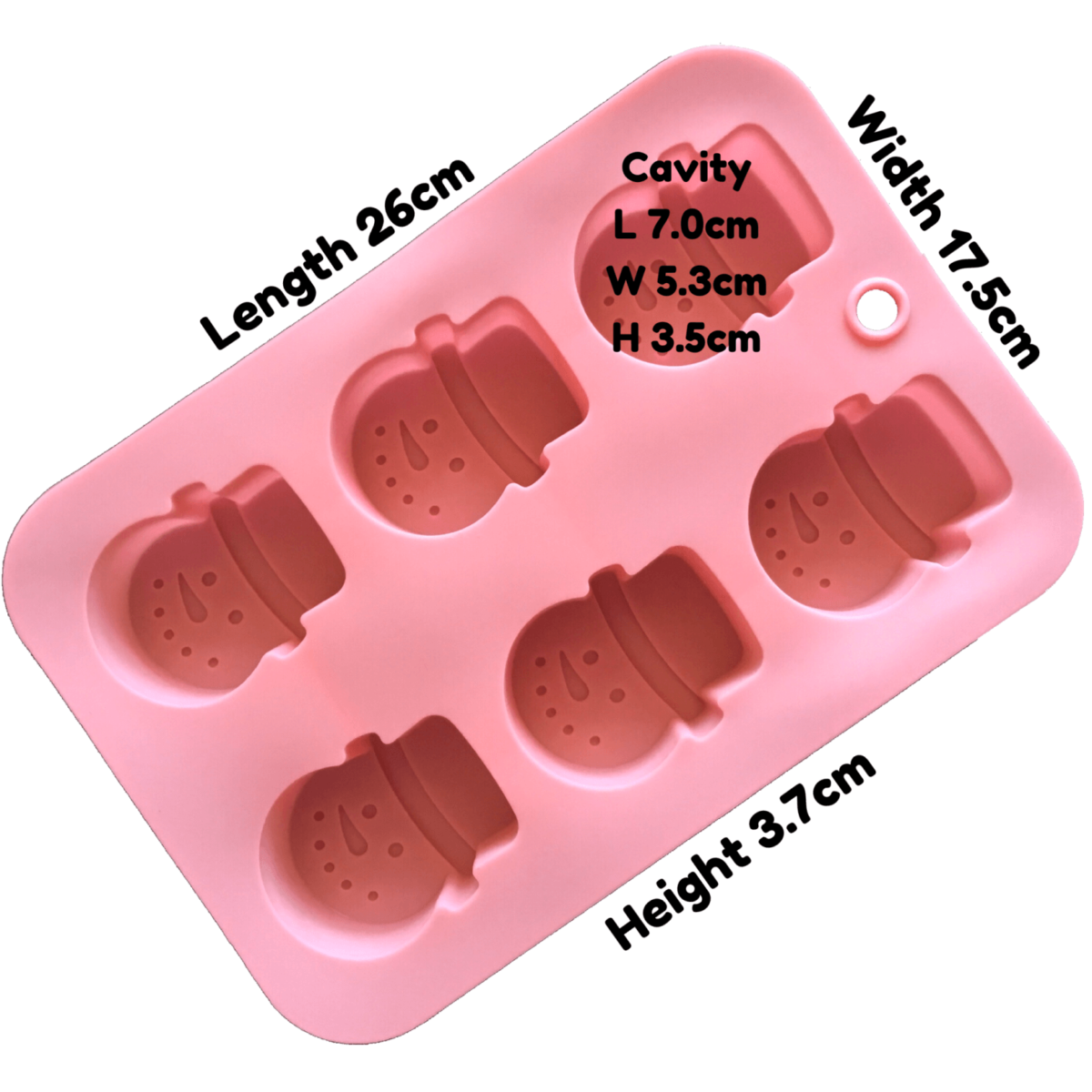 written dimensions of pink six cavity silicone mould with identical snowman head-shaped cavities