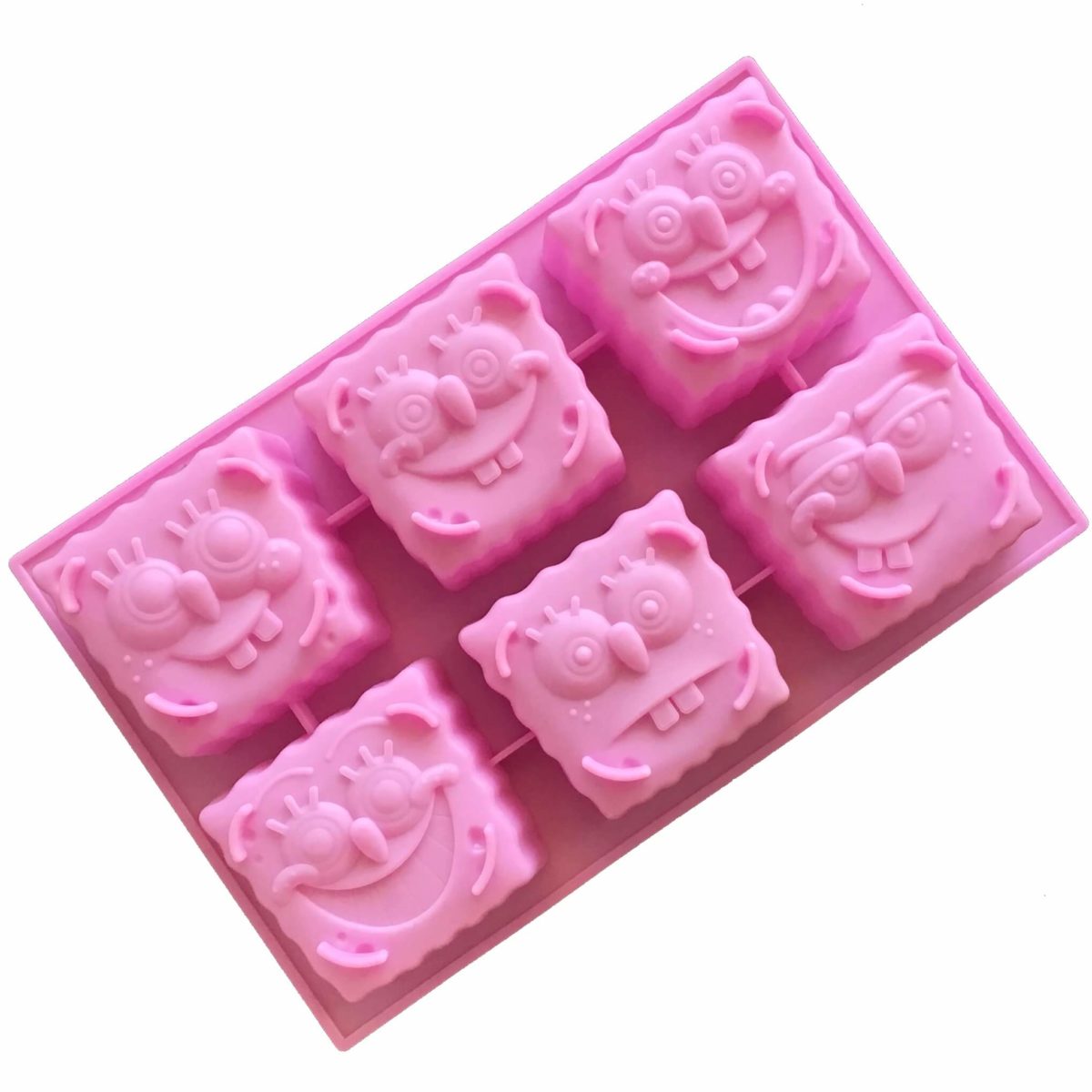 pink six cavity silicone mould with Sponge Bob head-shaped cavities each with an individual facial expression