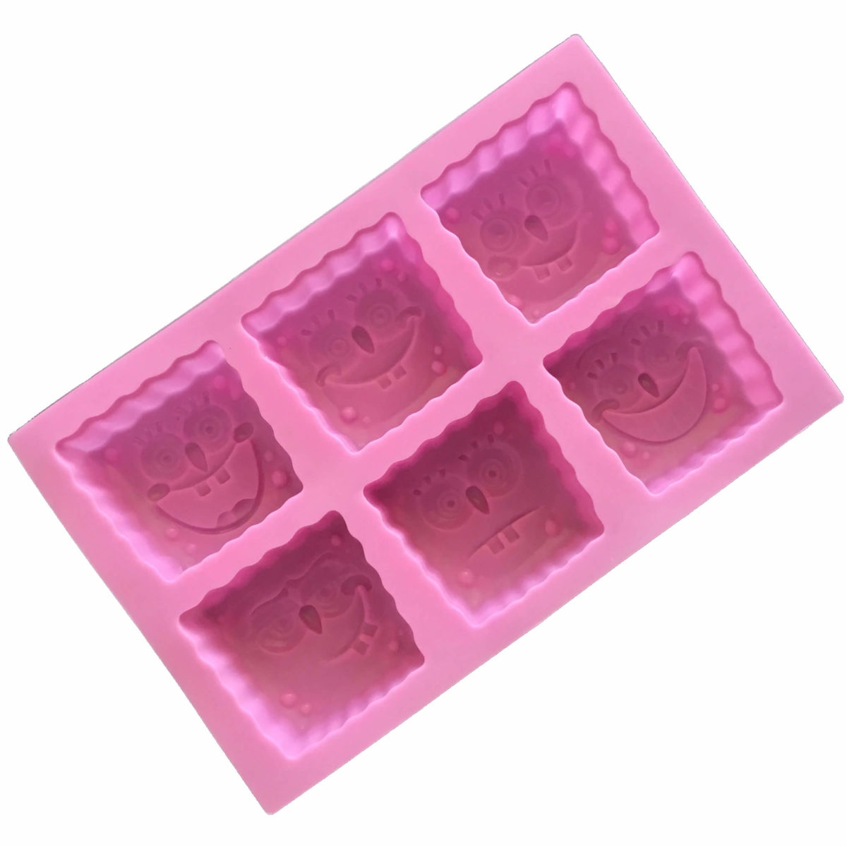 back of pink six cavity silicone mould with Sponge Bob head-shaped cavities each with an individual facial expression