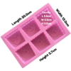 written dimensions of pink six cavity silicone mould with Sponge Bob head-shaped cavities each with an individual facial expression