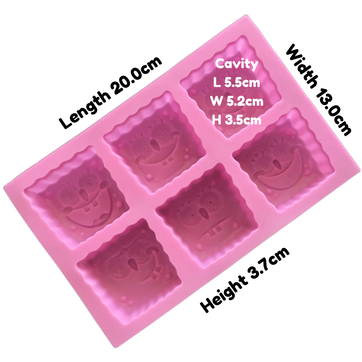 written dimensions of pink six cavity silicone mould with Sponge Bob head-shaped cavities each with an individual facial expression